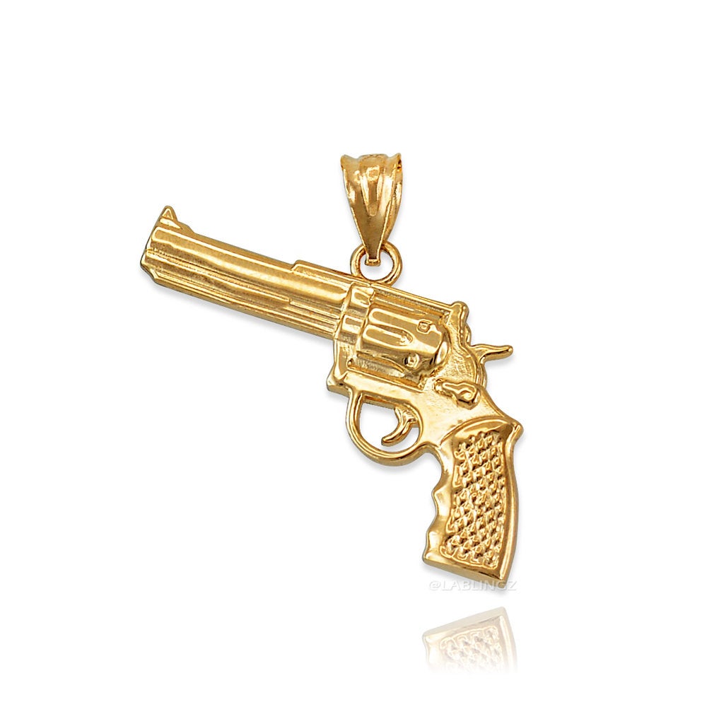 Gold Revolver Gun Pendant Necklace (10k, 14k, yellow, white, rose gold) Karma Blingz