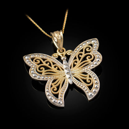 Gold Filigree Butterfly Midsize Pendant Necklace (10K, 14K, yellow, white, rose gold) Karma Blingz