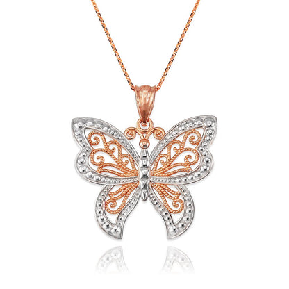 Gold Filigree Butterfly Midsize Pendant Necklace (10K, 14K, yellow, white, rose gold) Karma Blingz