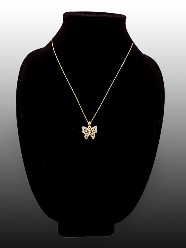 Gold Filigree Butterfly Charm Necklace (10K, 14K, yellow, white, rose gold) Karma Blingz