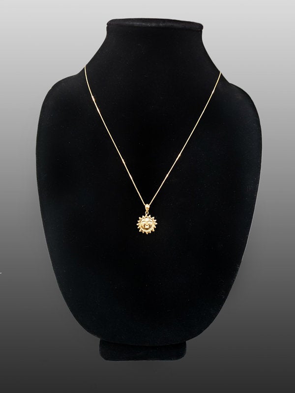 Gold Sun Face Celestial Pendant Necklace (yellow, white, rose gold, 10k, 14k) Karma Blingz