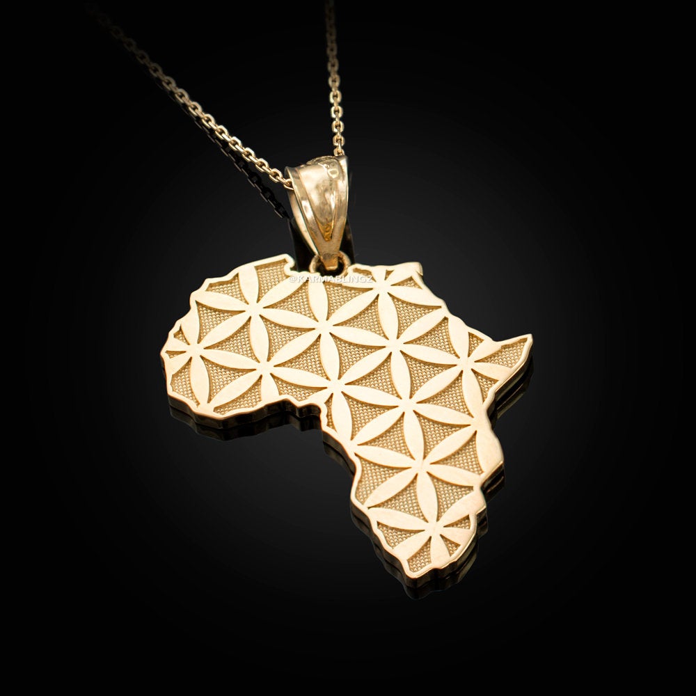Gold Africa Map Flower of Life Pendant Necklace (10K, 14K, yellow, white, rose gold) Karma Blingz