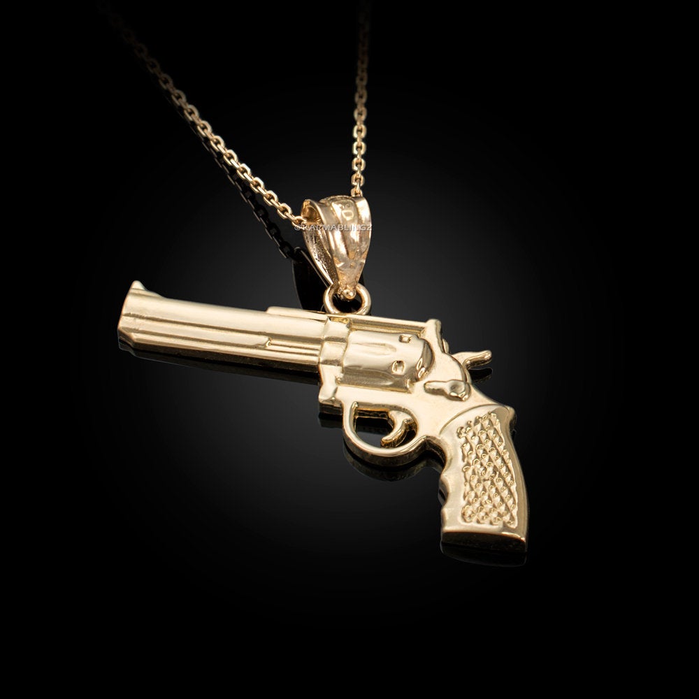Gold Revolver Gun Pendant Necklace (10k, 14k, yellow, white, rose gold) Karma Blingz