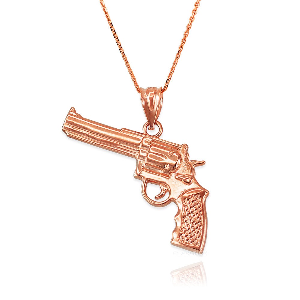 Gold Revolver Gun Pendant Necklace (10k, 14k, yellow, white, rose gold) Karma Blingz