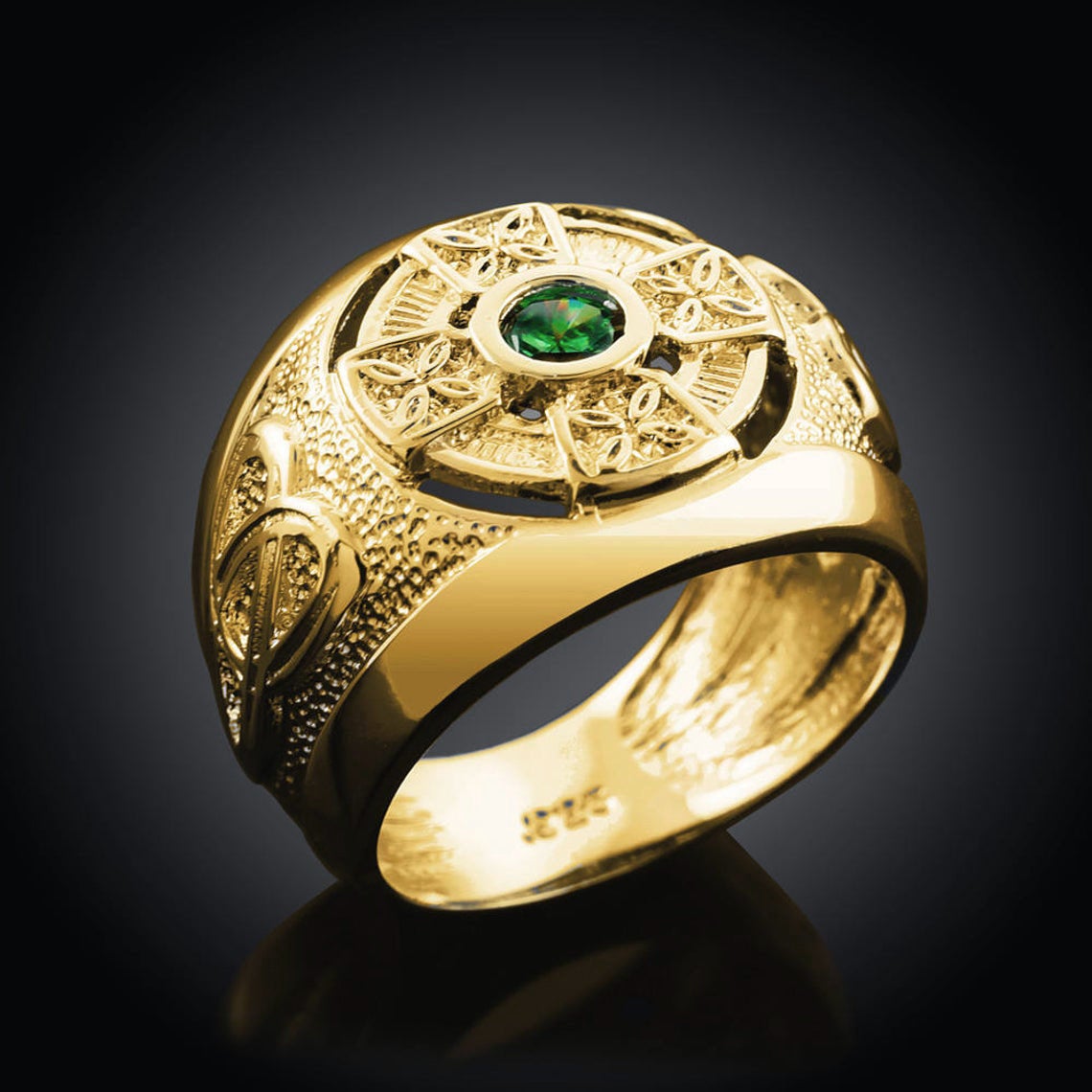 Yellow Gold Mens Celtic Green CZ Statement Ring (10K, 14K) Karma Blingz