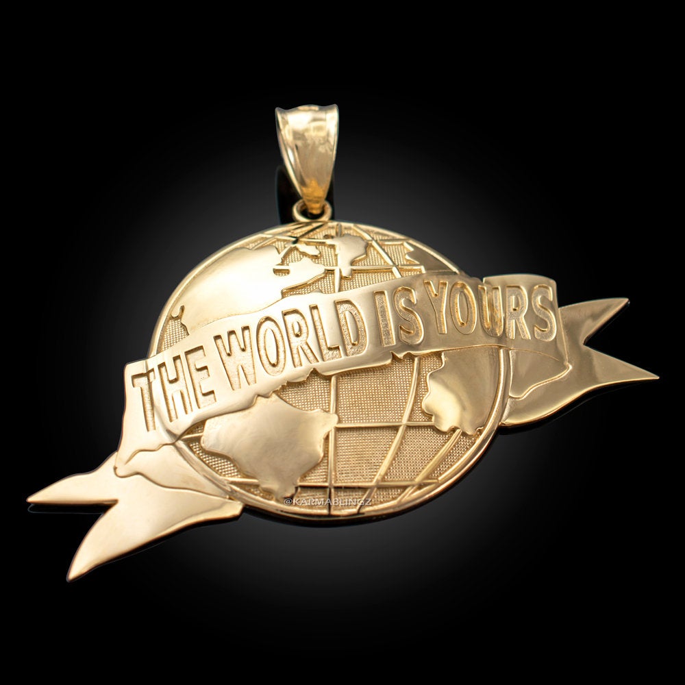 Gold 'The World Is Yours' Globe Pendant (yellow, white, rose, 10K, 14K) Karma Blingz