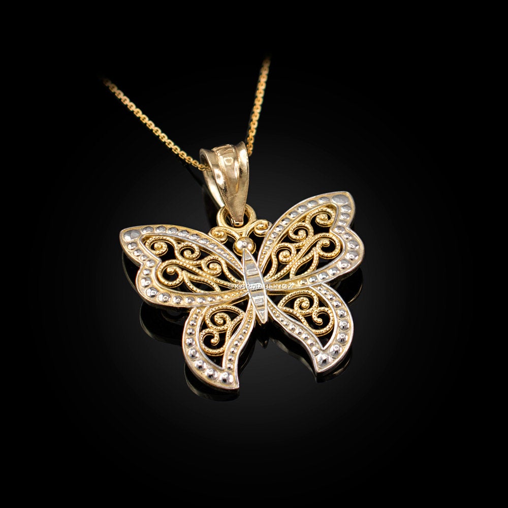 Gold Filigree Butterfly Charm Necklace (10K, 14K, yellow, white, rose gold) Karma Blingz