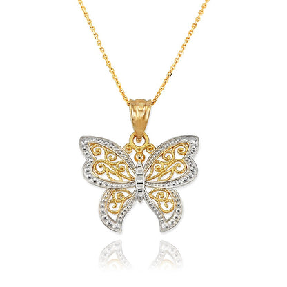 Gold Filigree Butterfly Charm Necklace (10K, 14K, yellow, white, rose gold) Karma Blingz