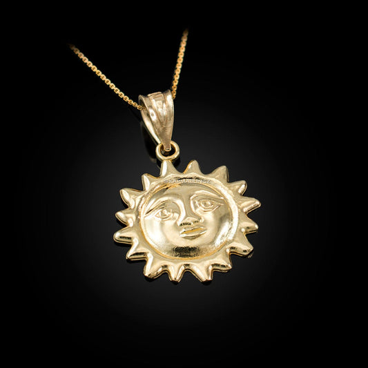 Gold Sun Face Celestial Pendant Necklace (yellow, white, rose gold, 10k, 14k) Karma Blingz