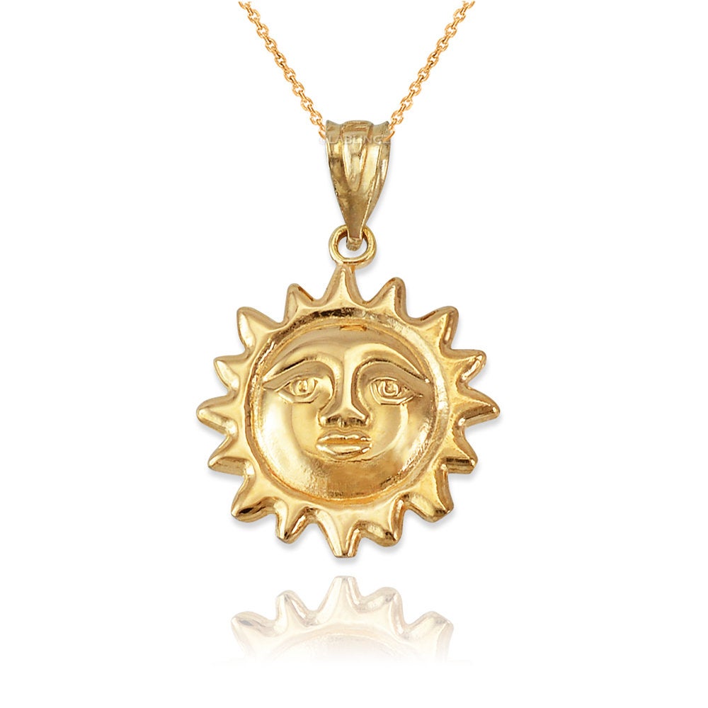 Gold Sun Face Celestial Pendant Necklace (yellow, white, rose gold, 10k, 14k) Karma Blingz