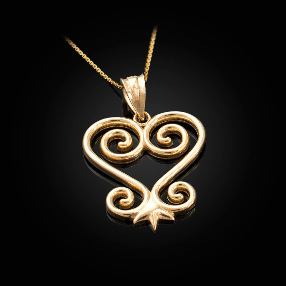 Gold African Adinkra Sankofa Heart Pendant Necklace (yellow, white, rose gold, 10K, 14K) Karma Blingz