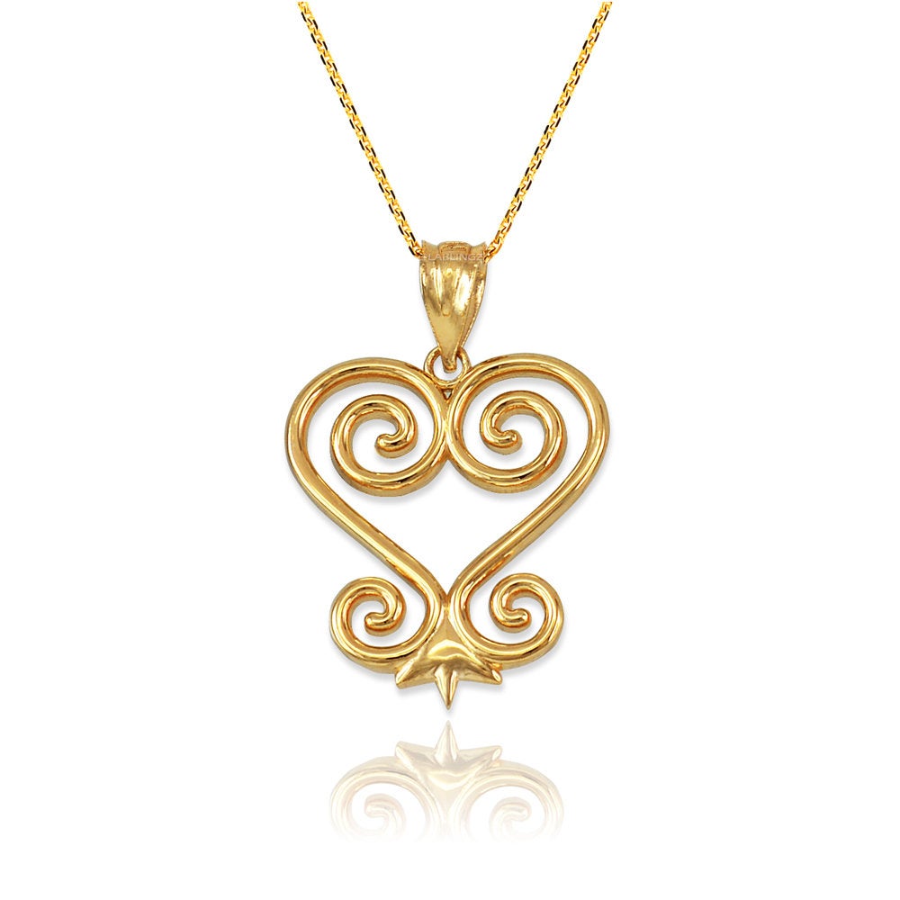 Gold African Adinkra Sankofa Heart Pendant Necklace (yellow, white, rose  gold, 10K, 14K)