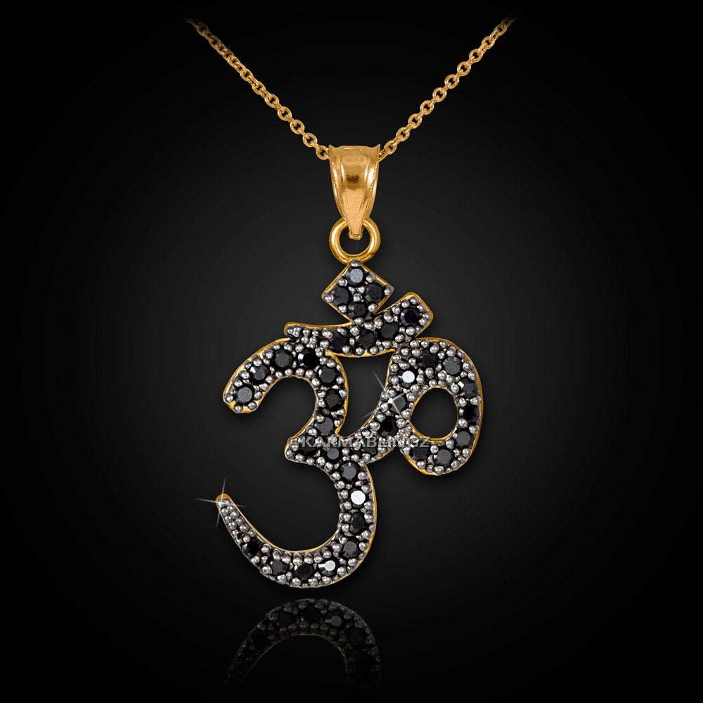 14K Gold Om (Aum) Black Diamond Yoga Pendant Necklace (yellow, white, rose gold) Karma Blingz