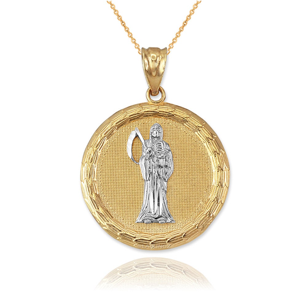 Gold Santa Muerte Medallion Pendant Necklace (yellow, white, rose gold, 2-tone, 10K, 14K) Karma Blingz