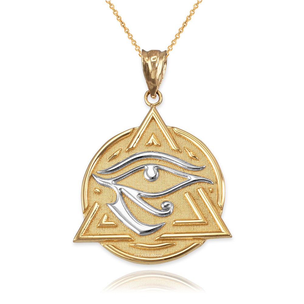 Gold Eye of Horus Illuminati Pendant Necklace (yellow, white, rose gold, 2-tone, 10K, 14K) Karma Blingz