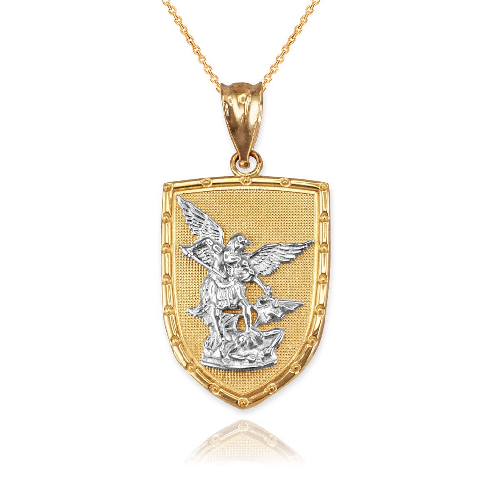 Gold St. Michael Shield Pendant Necklace (yellow, white, rose gold, 2-tone, 10K, 14K) Karma Blingz