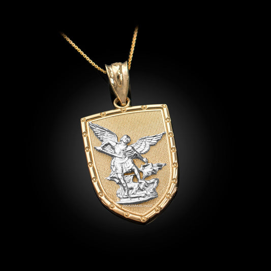 Gold St. Michael Shield Pendant Necklace (yellow, white, rose gold, 2-tone, 10K, 14K) Karma Blingz