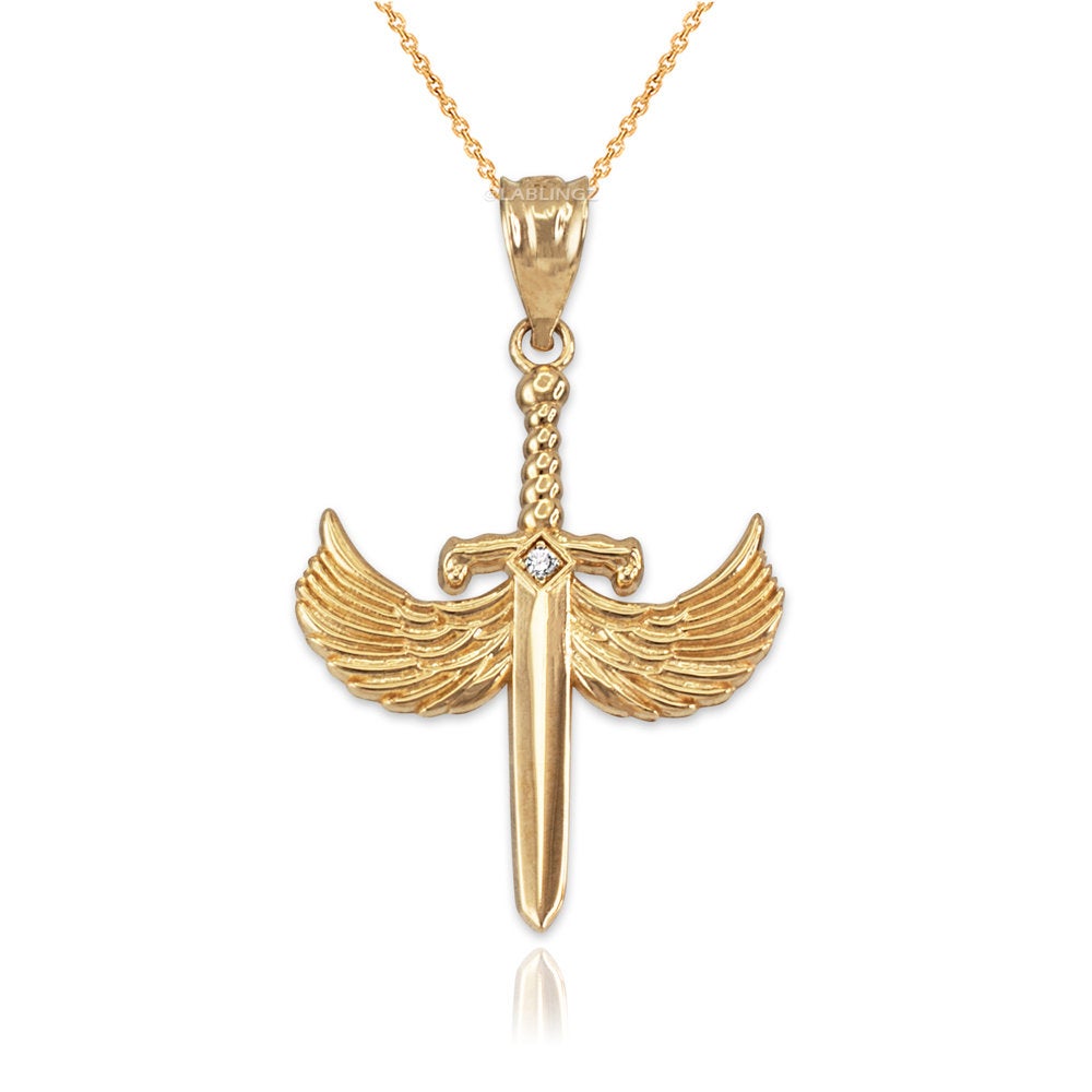 Gold Hot Wings Diamond Sword Pendant Necklace (yellow, white, rose gold, 10K, 14K) Karma Blingz