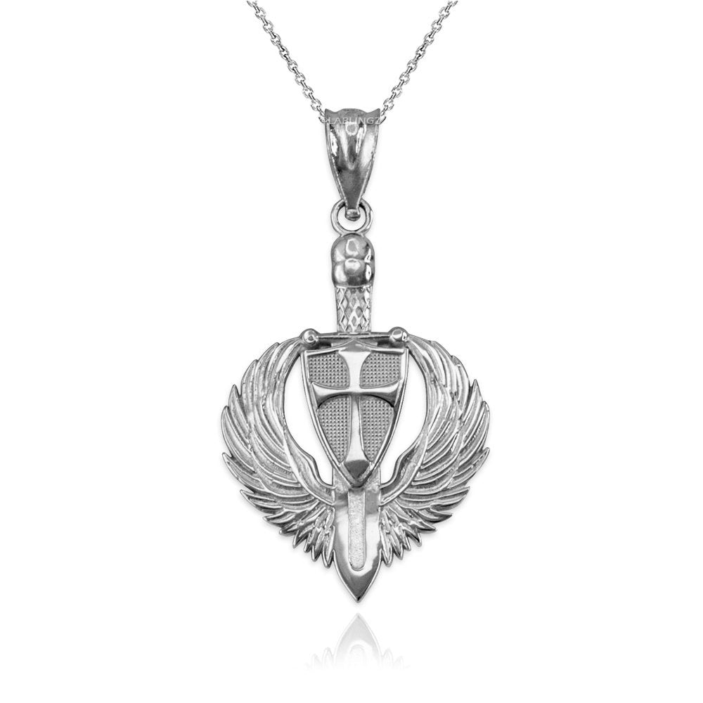 Sterling Silver Crusader Winged Sword and Shield Pendant Necklace Karma Blingz