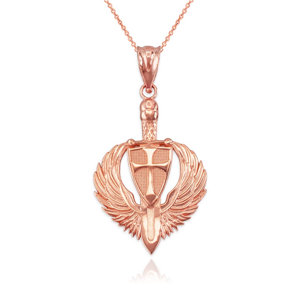 Gold Crusader Winged Sword and Shield Pendant Necklace (10K, 14K, yellow, white, rose gold) Karma Blingz