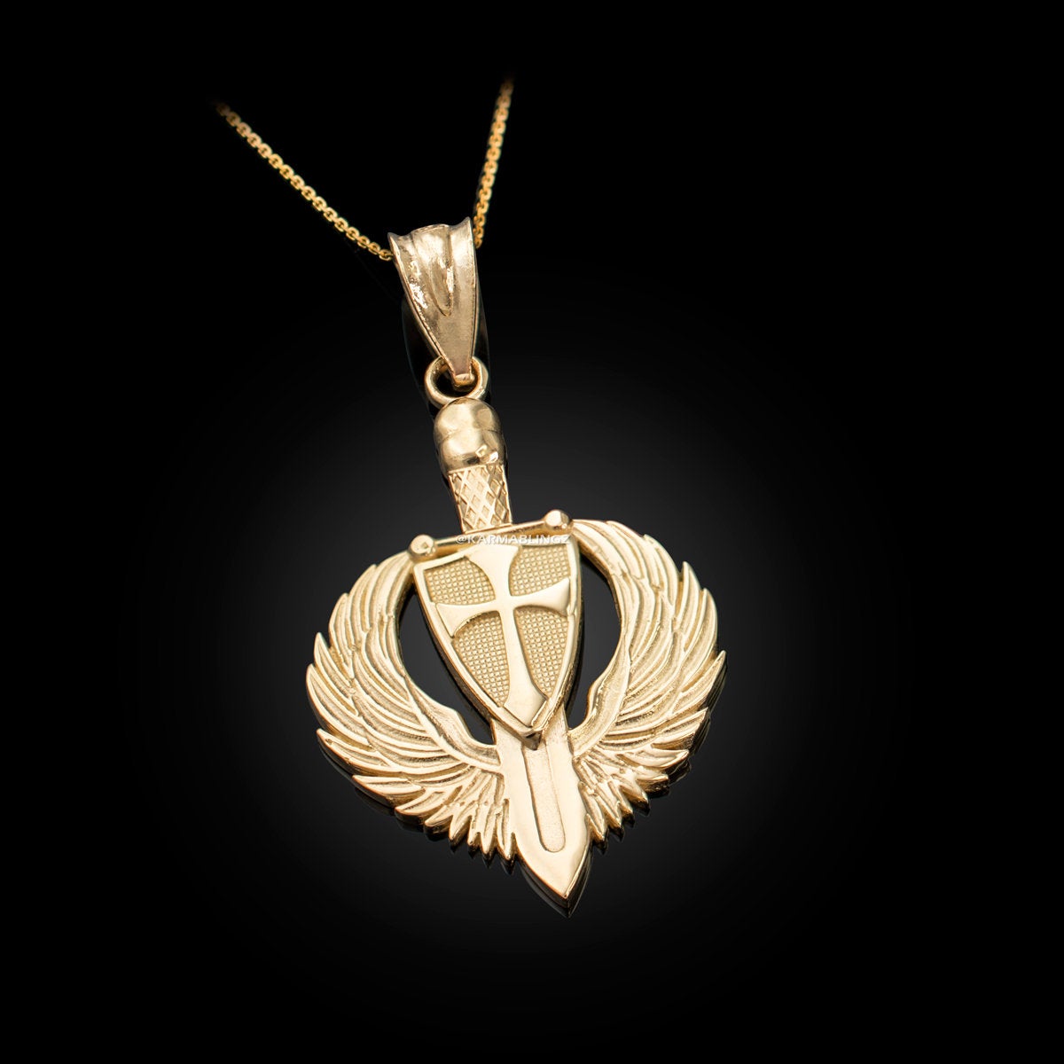 Gold Crusader Winged Sword and Shield Pendant Necklace (10K, 14K, yellow, white, rose gold) Karma Blingz