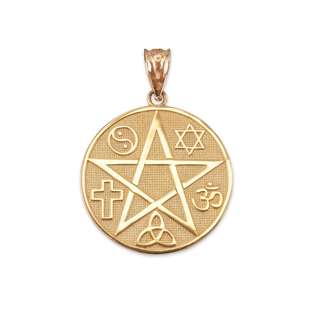 Gold Multicultural Pentacle Medallion Pendant Necklace (10K, 14K, yellow, white, rose gold) Karma Blingz