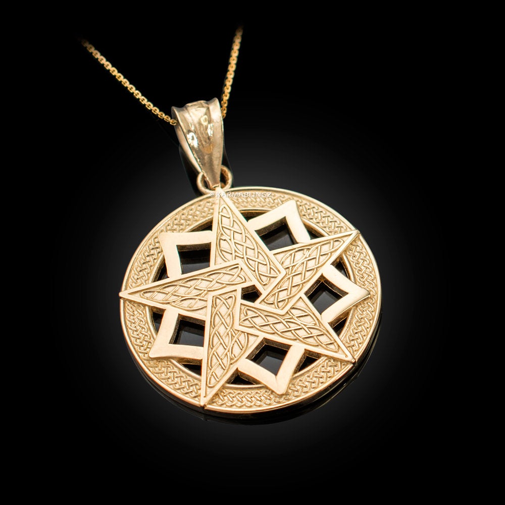 Gold Pentagram Medallion Pendant Necklace (10K, 14K, yellow, white, rose gold) Karma Blingz