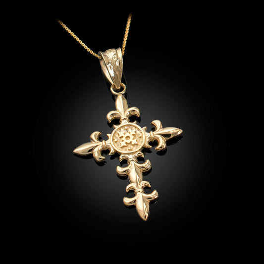 Polished Gold Fleur de Lis Cross Pendant Necklace (10K, 14K, yellow, white, rose gold) Karma Blingz