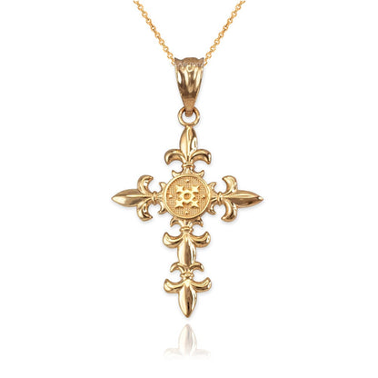 Polished Gold Fleur de Lis Cross Pendant Necklace (10K, 14K, yellow, white, rose gold) Karma Blingz