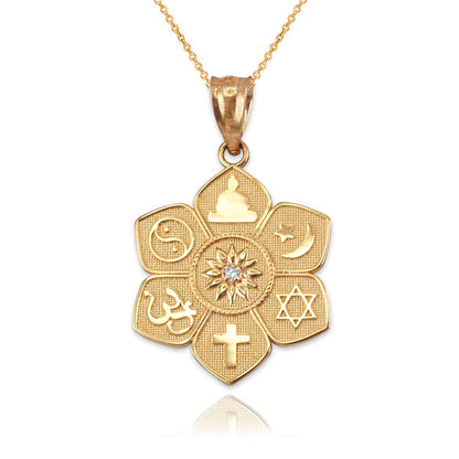 Gold Lotus of Peace Diamond Pendant Necklace (yellow, white, rose gold, 10K, 14K) Karma Blingz