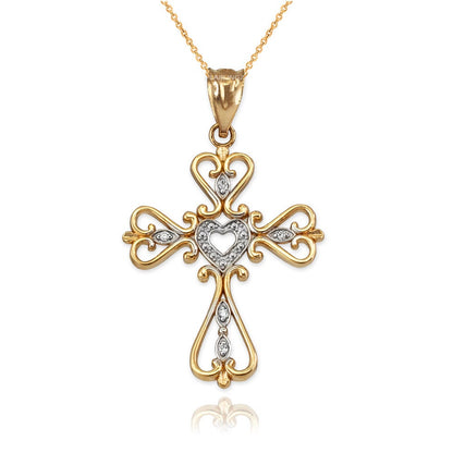 Gold Open Heart Diamond Cross Pendant Necklace (10K, 14K, yellow, white, rose gold) Karma Blingz