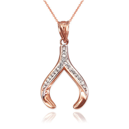 Gold Wishbone Diamond Pendant Necklace (yellow, white, rose gold, 10K, 14K) Karma Blingz