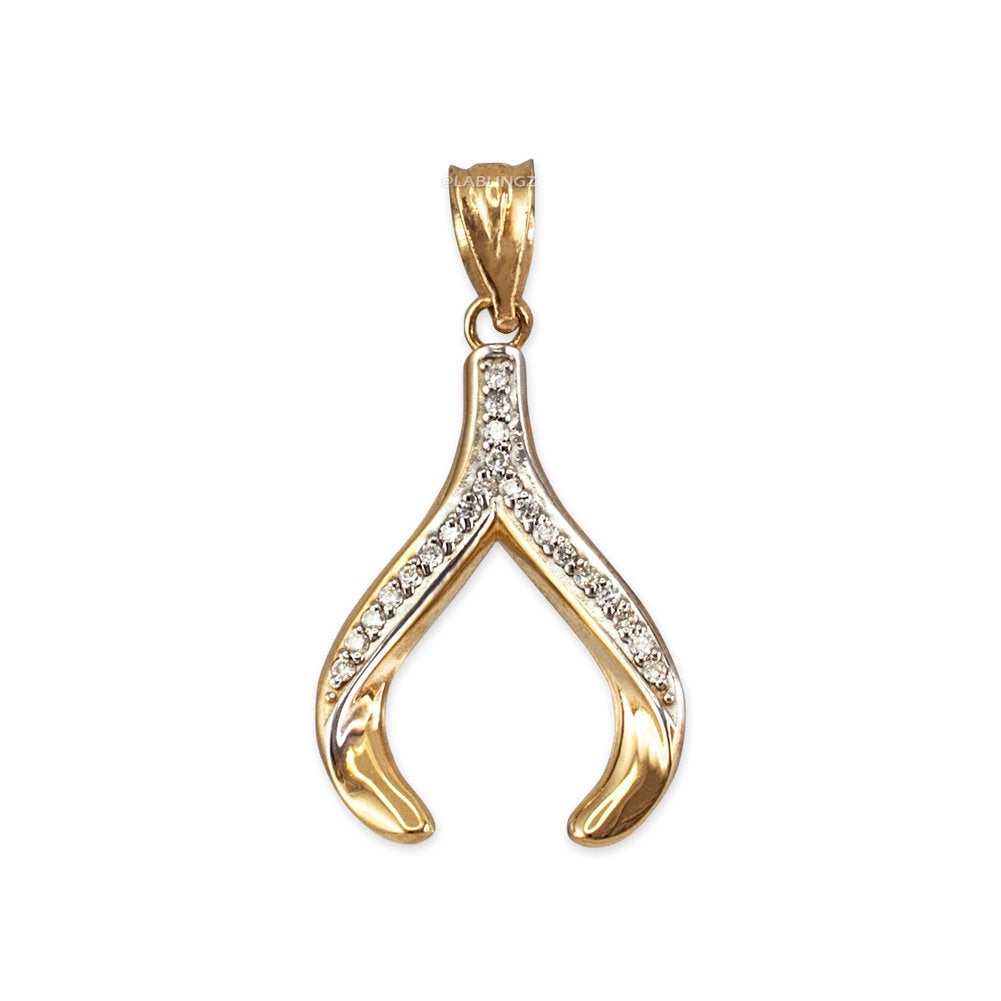Gold Wishbone Diamond Pendant Necklace (yellow, white, rose gold, 10K, 14K) Karma Blingz