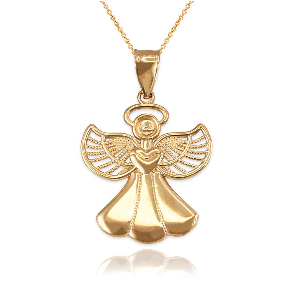 Gold Love Angel Filigree Pendant Necklace (10K, 14K, yellow, white, rose gold) Karma Blingz