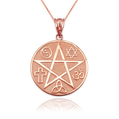 Gold Multicultural Pentacle Medallion Pendant Necklace (10K, 14K, yellow, white, rose gold) Karma Blingz
