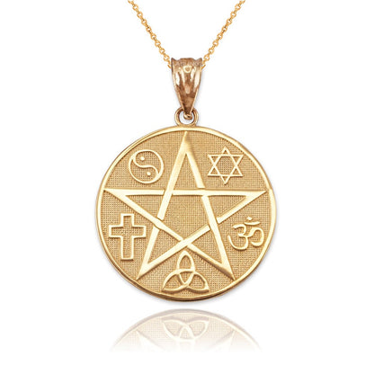 Gold Multicultural Pentacle Medallion Pendant Necklace (10K, 14K, yellow, white, rose gold) Karma Blingz