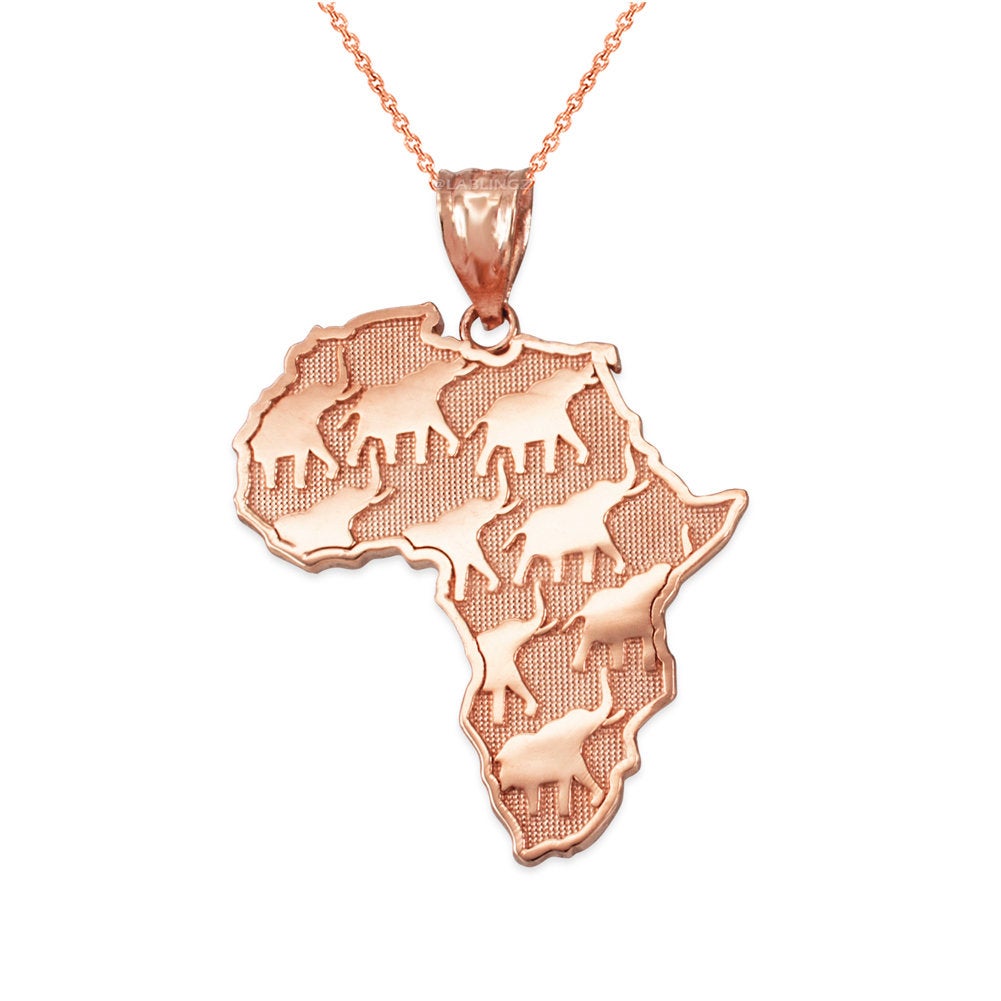Gold Africa Map African Elephant Pendant Necklace (yellow, white, rose gold, 10K, 14K) Karma Blingz