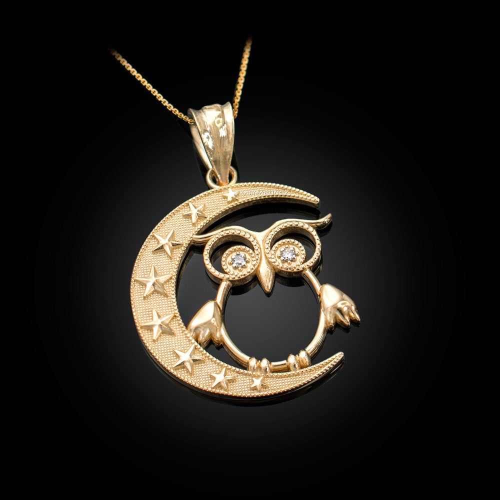 Diamond Night Owl Gold Pendant Necklace (yellow, white, rose gold, 10K, 14K) Karma Blingz