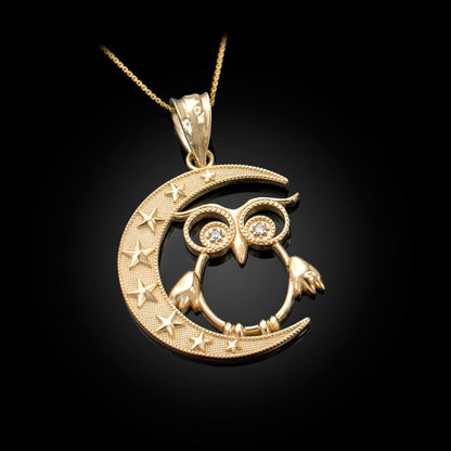 Diamond Night Owl Gold Pendant Necklace (yellow, white, rose gold, 10K, 14K) Karma Blingz