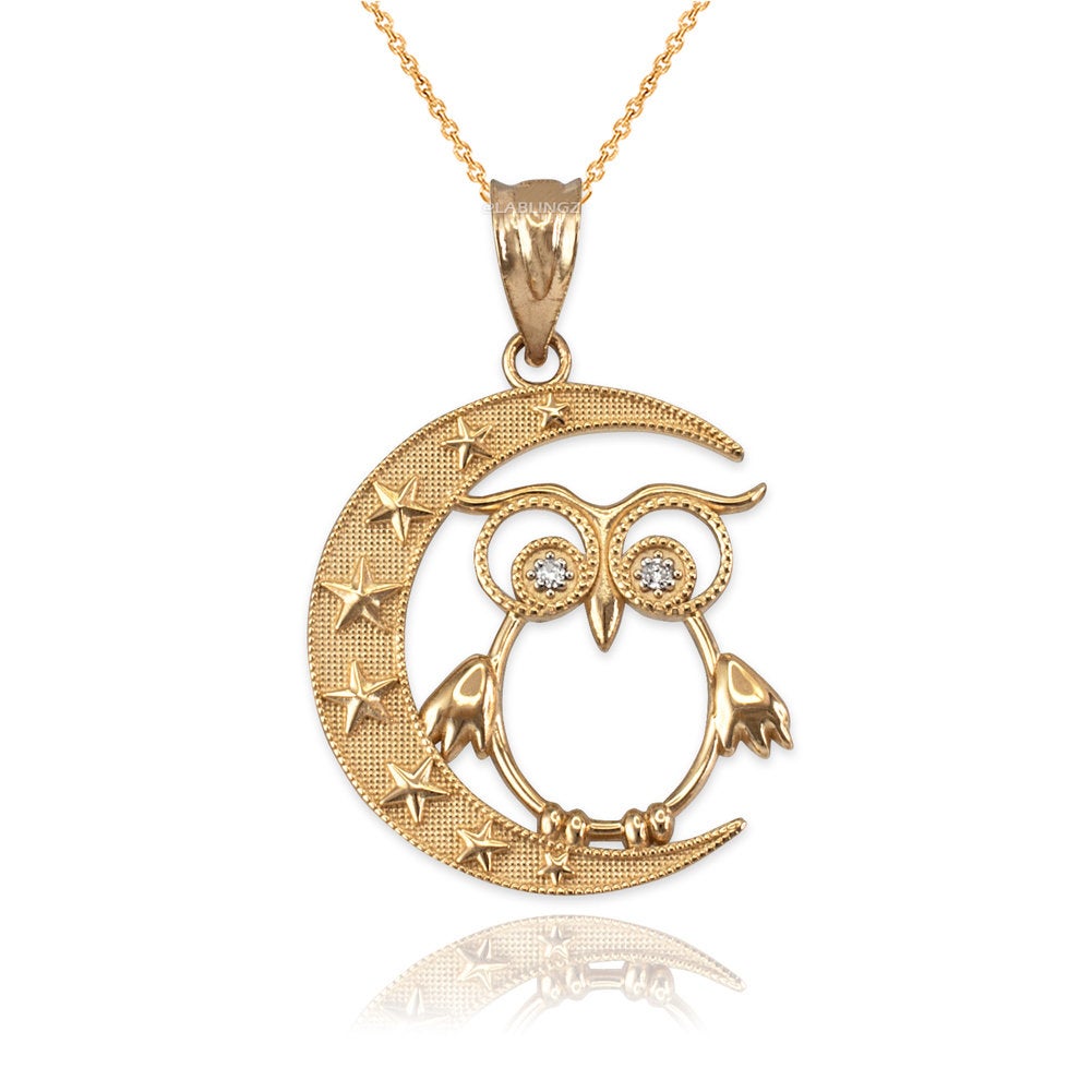 Diamond Night Owl Gold Pendant Necklace (yellow, white, rose gold, 10K, 14K) Karma Blingz