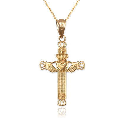 Gold Irish Claddagh Cross Pendant Necklace (yellow, white, rose gold, 14k, 10k) Karma Blingz