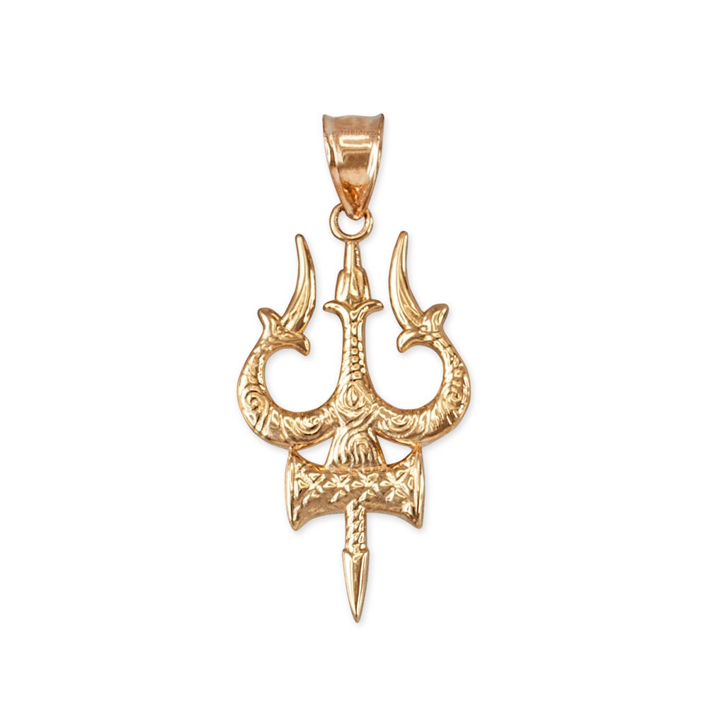 Gold Trident of Lord Shiva Trishula Trisul Pendant Necklace (14k, 10k, yellow, white, rose gold) Karma Blingz