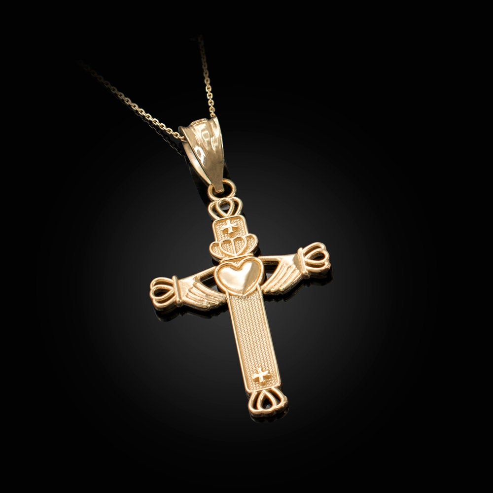 Gold Irish Claddagh Cross Pendant Necklace (yellow, white, rose gold, 14k, 10k) Karma Blingz
