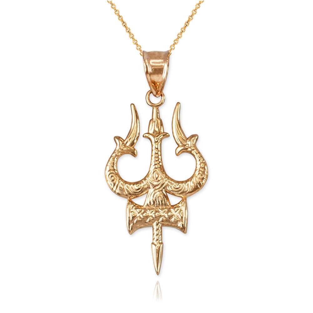 Gold Trident of Lord Shiva Trishula Trisul Pendant Necklace (14k, 10k, yellow, white, rose gold) Karma Blingz