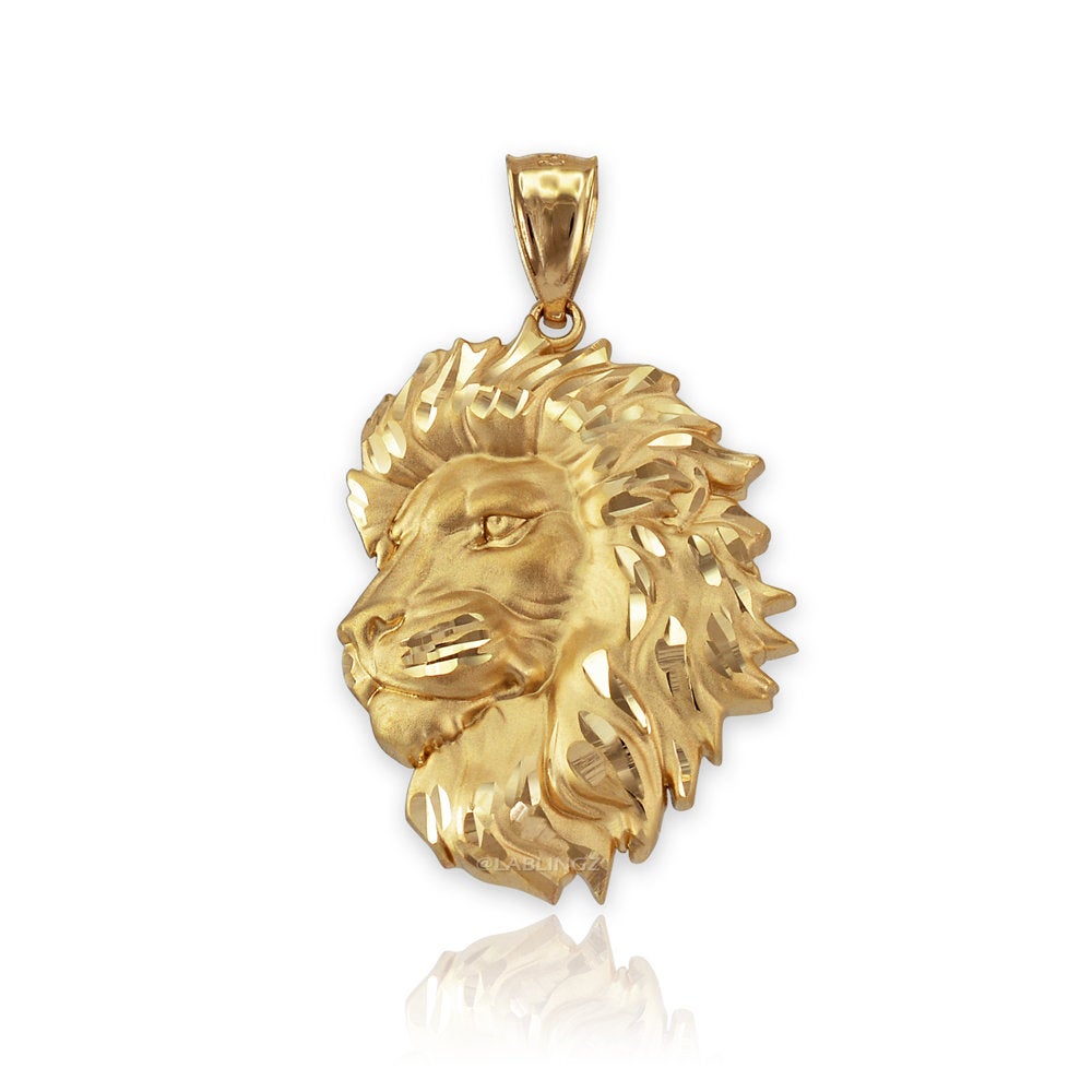 Gold Lion Face Satin DC Leo Pendant S/L (yellow, white, rose gold, 10k, 14k) Karma Blingz