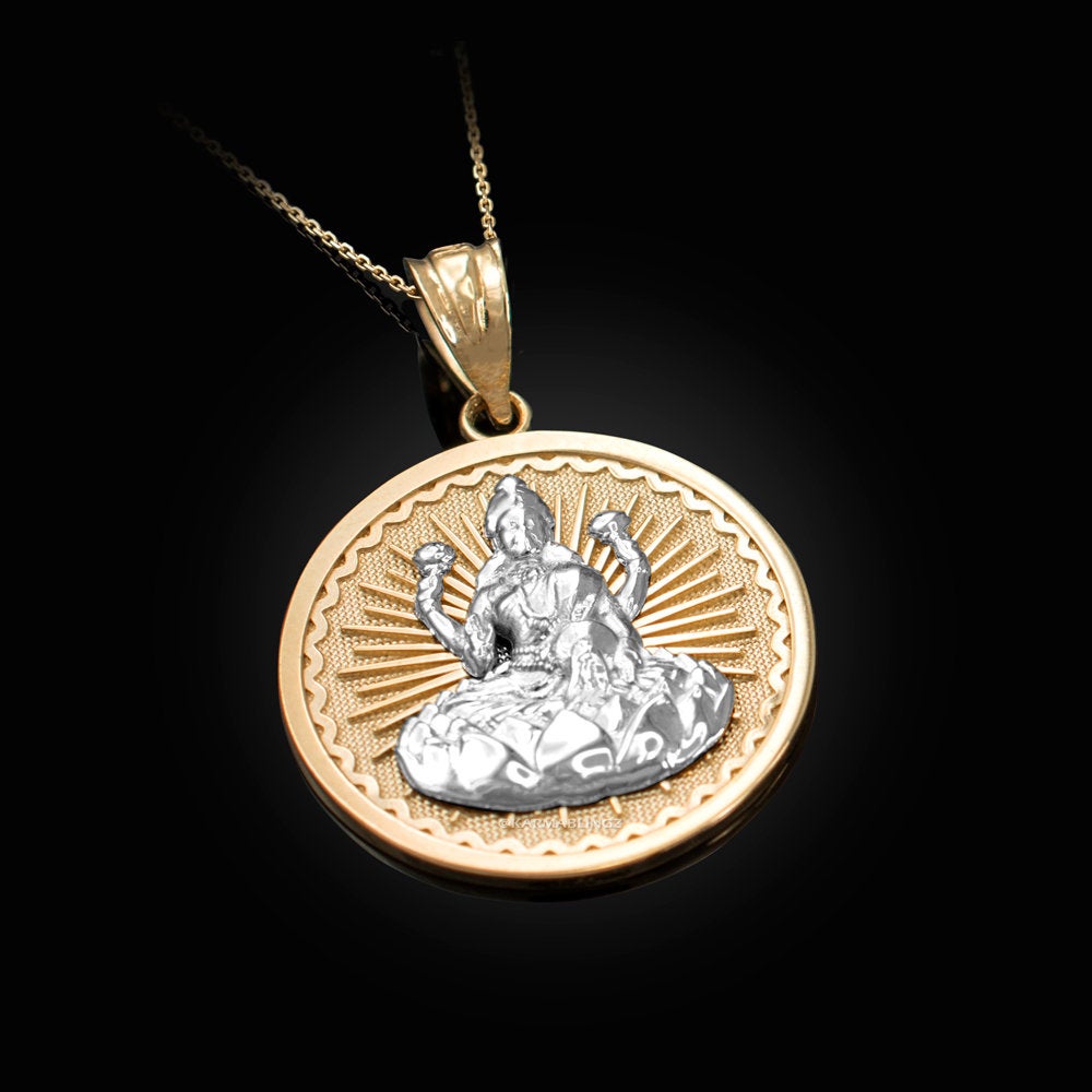 Gold Hindu Goddess Lakshmi (Luxmi) Coin Pendant Necklace (yellow, white, rose, 2-tone, 10K, 14K) Karma Blingz