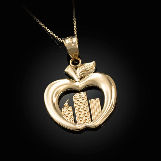 Gold New York City Big Apple Pendant Necklace (14K, 10K, yellow, white, rose gold) Karma Blingz