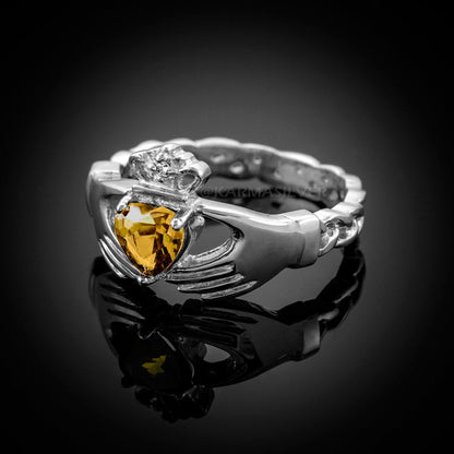 Silver Claddagh Ring - Citrine Yellow CZ Birthstone Ring - Celtic Band Irish Claddagh Ring Karma Blingz