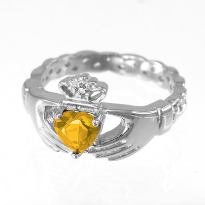 Silver Claddagh Ring - Citrine Yellow CZ Birthstone Ring - Celtic Band Irish Claddagh Ring Karma Blingz