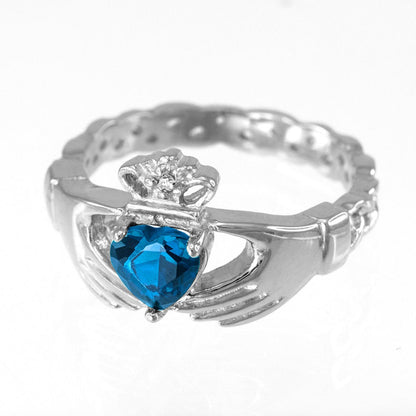 Silver Claddagh Ring - Blue Topaz CZ Birthstone Ring - Celtic Band Irish Claddagh Ring Karma Blingz